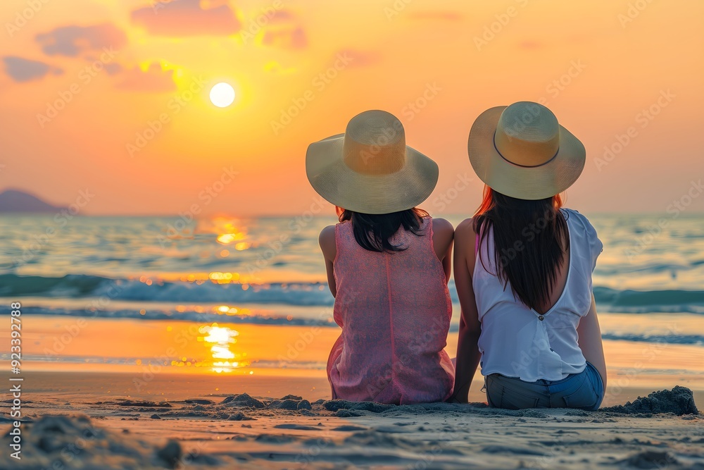 Fototapeta premium image of back view of unrecognizable mother and daughter in casual clothes and sunhats sitting on beach during sunset