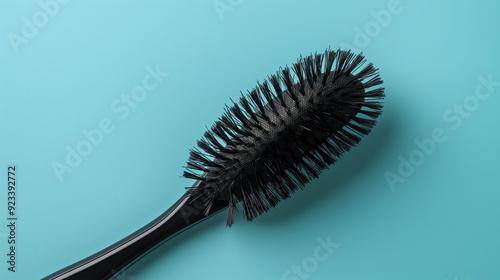 Close-up of a black brush with fine bristles on a bright teal background, emphasizing its sleek and practical design.