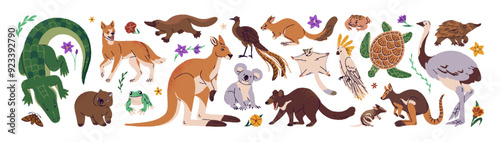 Native Australian fauna and flora set. Marsupial animals, Tasmanian¬†devil, koala, wombat, cockatoo, crocodile. Australia symbols: kangaroo, emu. Flat isolated vector illustrations on white background