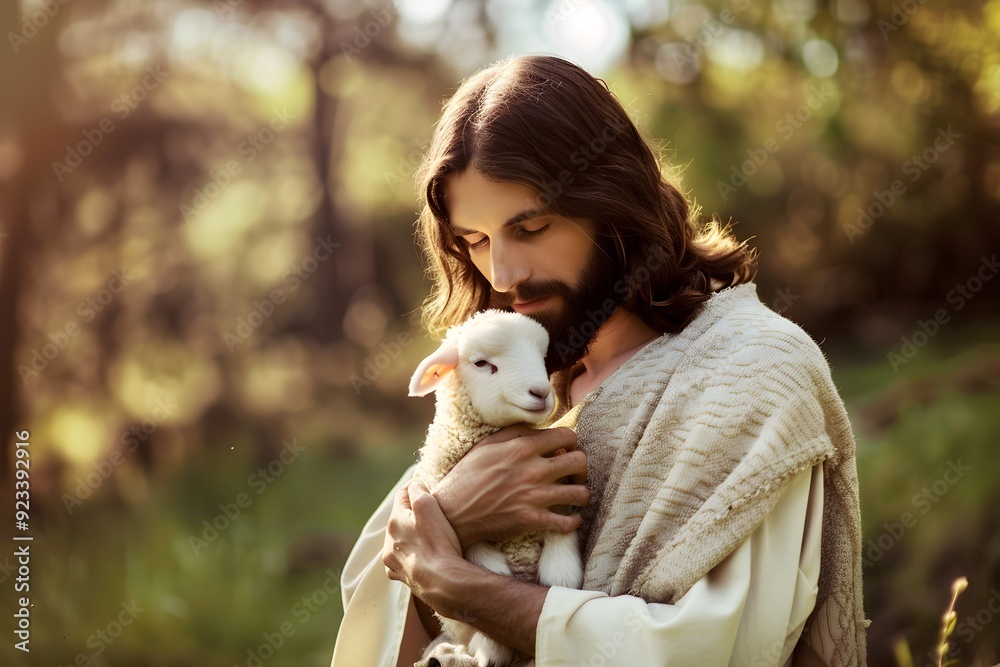 Image of Jesus Christ holding a little lamb of Easter holiday concept Image of Jesus Christ holding a little lamb of Easter holiday concept