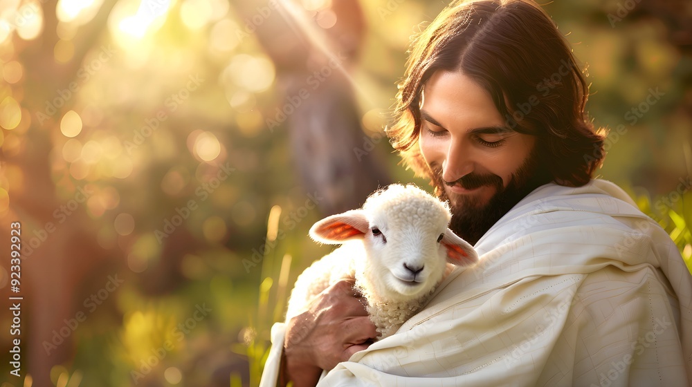 Image of Jesus Christ holding a little lamb of Easter holiday concept Image of Jesus Christ holding a little lamb of Easter holiday concept