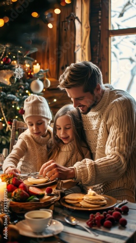 A father and his two children prepare breakfast together, surrounded by festive decorations in a warm, rustic cabin photo