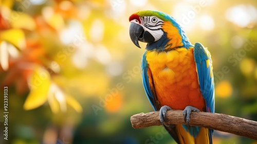 A parrot with vibrant blue, yellow, and green plumage sits on a branch, illuminated by warm sunlight filtering through the leaves in a lush forest setting.