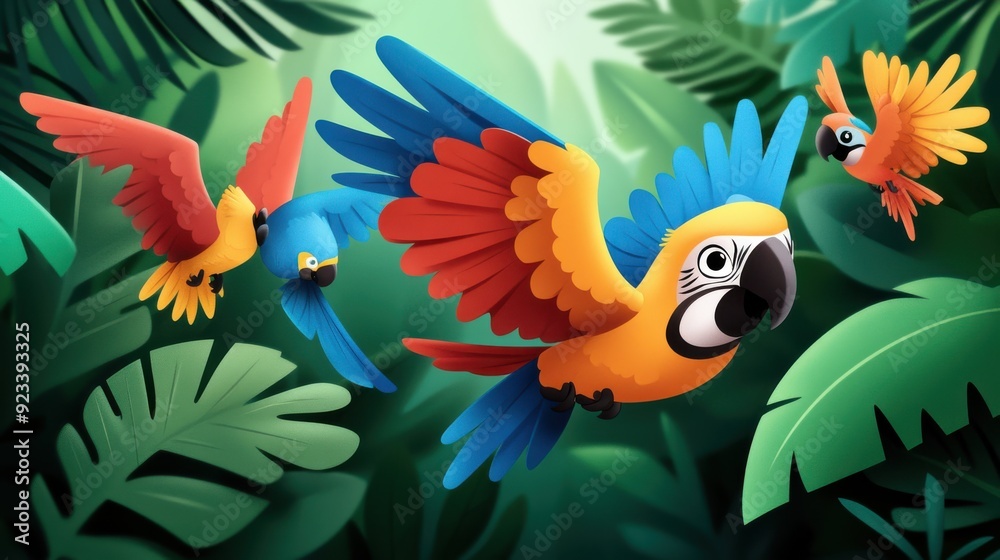 Three colorful parrots with blue, yellow, and red feathers fluttering in a lush green jungle, with tropical leaves creating an exotic backdrop full of life.