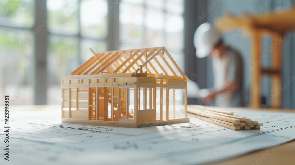 A detailed architectural model of a house on a blueprint, with a blurred figure of a worker in the background suggesting construction planning. A detailed architectural model of a house on a blueprint, with a blurred figure of a worker in the background suggesting construction planning.