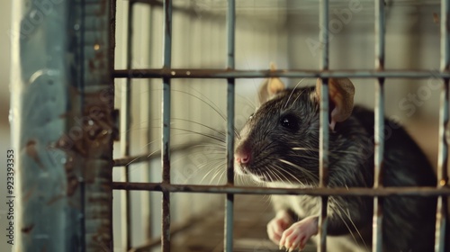 A curious rat peers out from inside a metallic cage, suggesting themes of captivity, curiosity, and the quest for freedom. photo