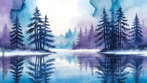 Pine trees reflected on a frozen lake in a winter landscape