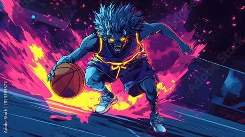 Wallpaper Mural Energetic Oni Basketball Player Dribbling with Neon Vibrant Street Style in Anime Torontodigital.ca