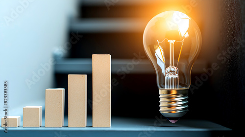Light bulb shining over a graph, idea and business growth, flat design illustration