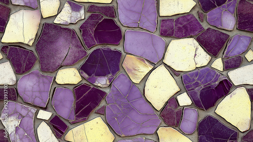 A mosaic of Deep purple and pale yellow tiles, forming an abstract pattern with varying shades and shapes photo