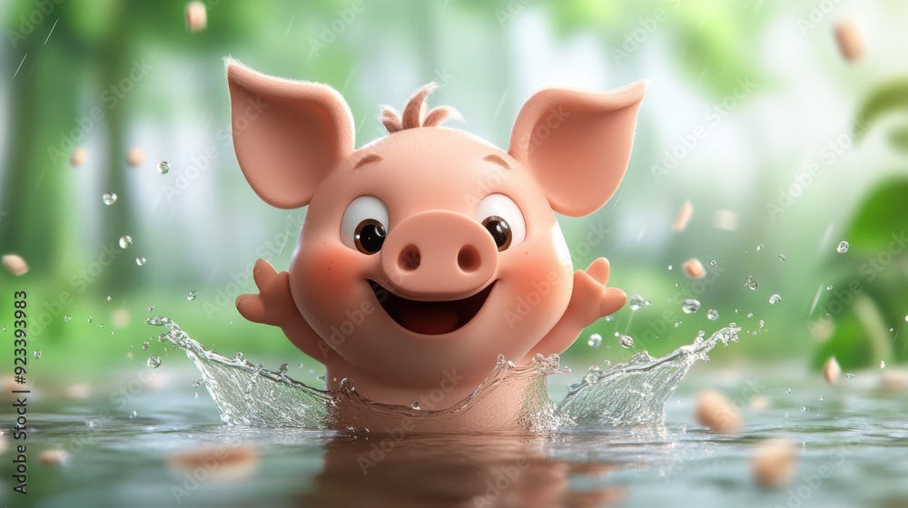 A cartoon piglet celebrates by splashing water joyfully in a lush forest scene, embodying innocence, freedom, and pure delight in a vibrant and lively artwork. A cartoon piglet celebrates by splashing water joyfully in a lush forest scene, embodying innocence, freedom, and pure delight in a vibrant and lively artwork.
