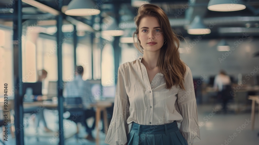 Fototapeta premium A poised woman in a contemporary office setting exudes confidence and professionalism as she gazes forward, epitomizing modern work culture.