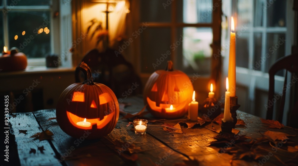 Fototapeta premium Two jack-o’-lanterns and various candles illuminate a rustic table with autumn leaves, creating a cozy, Halloween-themed ambiance by the window.