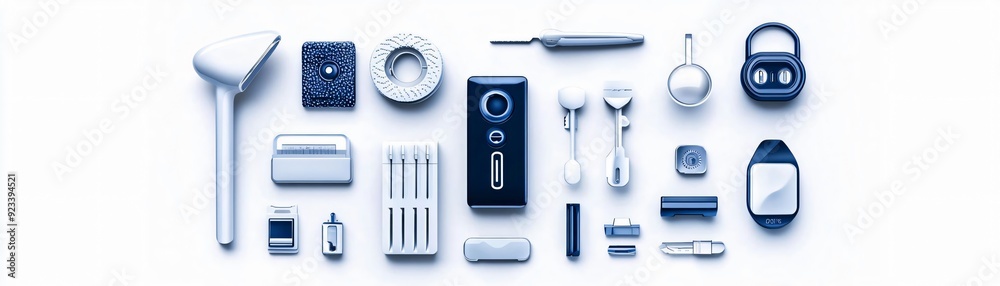 Fototapeta premium A collection of modern digital gadgets and accessories arranged neatly on a light background, showcasing technology and design.