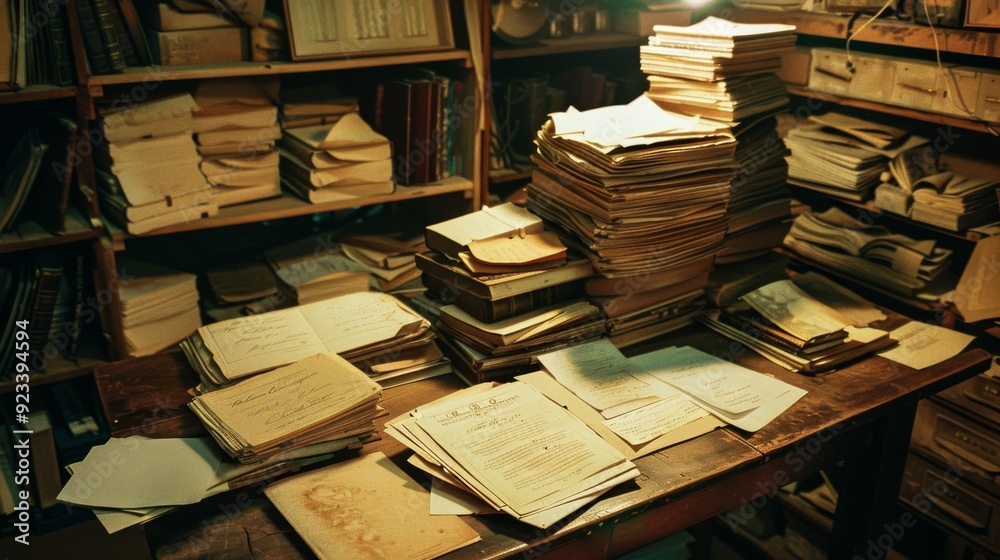 An old study room with stacks of yellowed books and documents piled on a wooden table, evoking a sense of nostalgia and scholarly pursuits. An old study room with stacks of yellowed books and documents piled on a wooden table, evoking a sense of nostalgia and scholarly pursuits.