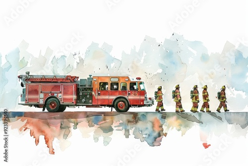 Watercolor painting of a red fire engine and firefighters on watercolor background. Children's Book Illustration