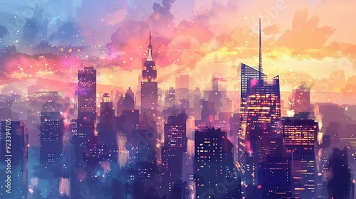 City skyline at dusk in watercolors with glowing lights and shadows