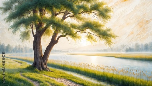 Tree on tranquil riverbank at golden sunset, watercolor landscape