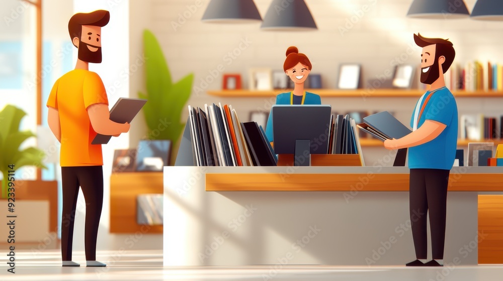 Three individuals are seen interacting and browsing through books in a modern bookstore setting, with two standing and one behind the counter organizing books. Three individuals are seen interacting and browsing through books in a modern bookstore setting, with two standing and one behind the counter organizing books.