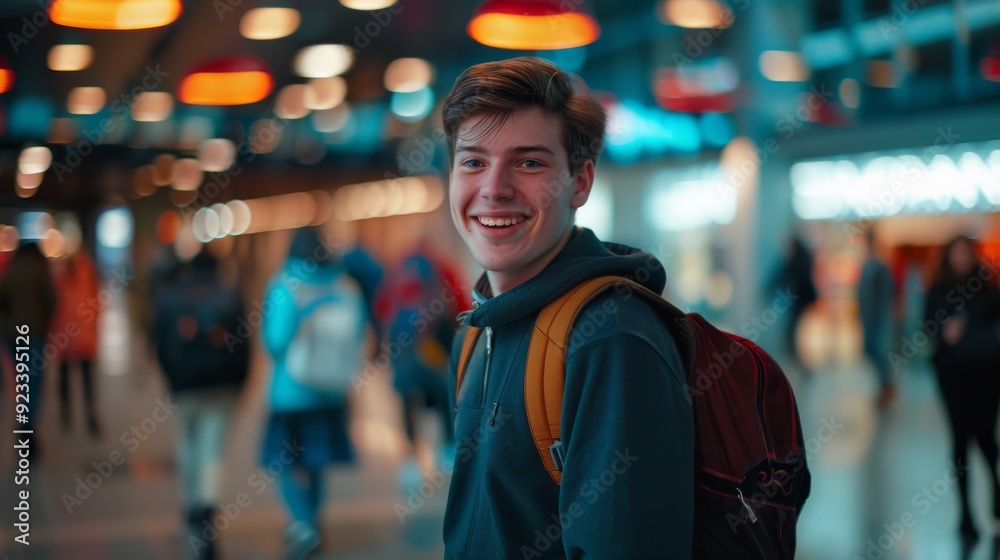 A young man with a backpack smiles warmly, illuminated by ambient mall lighting, while people walk in the blurred background of a modern shopping center. A young man with a backpack smiles warmly, illuminated by ambient mall lighting, while people walk in the blurred background of a modern shopping center.