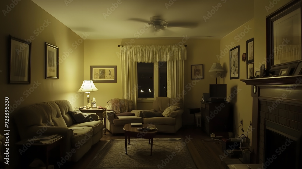 An eleveated security camera view with nightvision shows a small empty townhouse living room. An eleveated security camera view with nightvision shows a small empty townhouse living room.