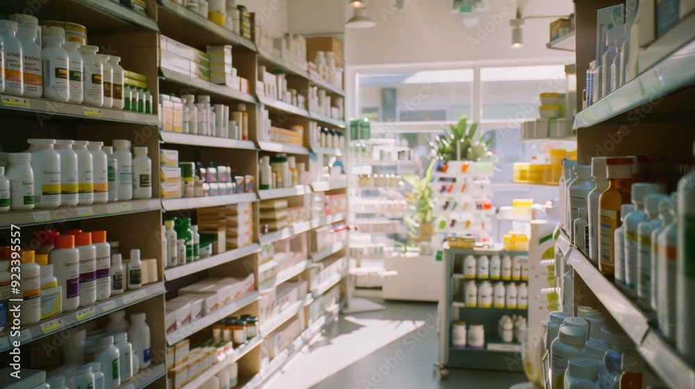 Sunlight illuminates an organized pharmacy aisle filled with a variety of health and wellness products on neatly arranged shelves. Sunlight illuminates an organized pharmacy aisle filled with a variety of health and wellness products on neatly arranged shelves.