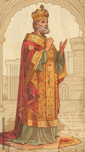 Illustration of Royal Robes of St. Canute IV in 11th-Century Danish Court, Biblical Illustration, Beige Background, Copyspace photo