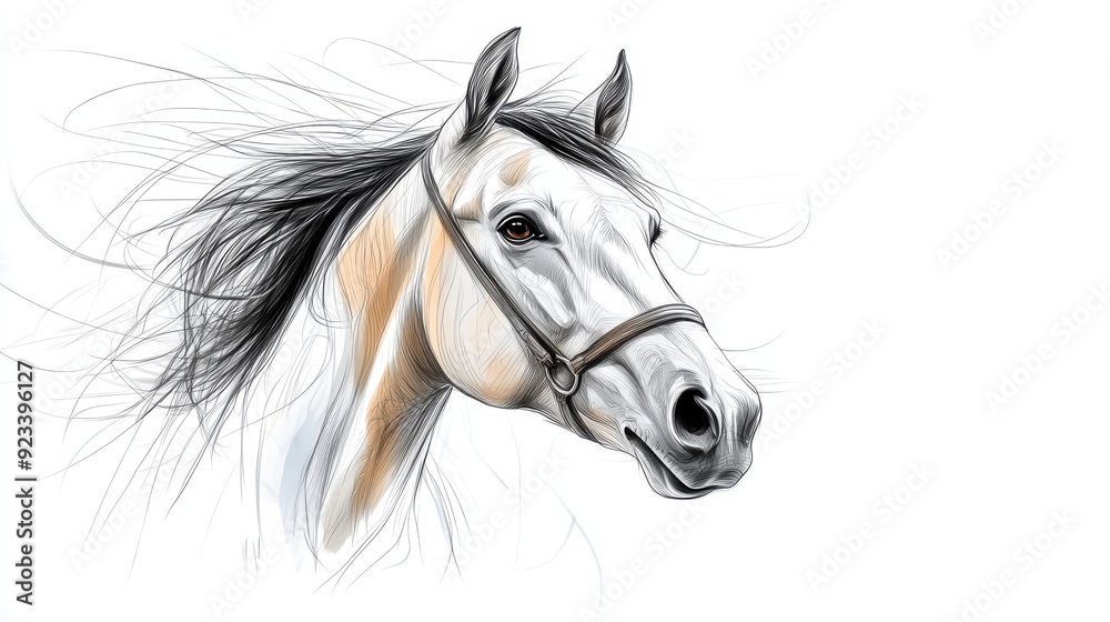 This digital artwork features a white horse with a flowing black mane, portraying its majestic and elegant nature with fine details and artistic brush strokes. A beautiful representation.