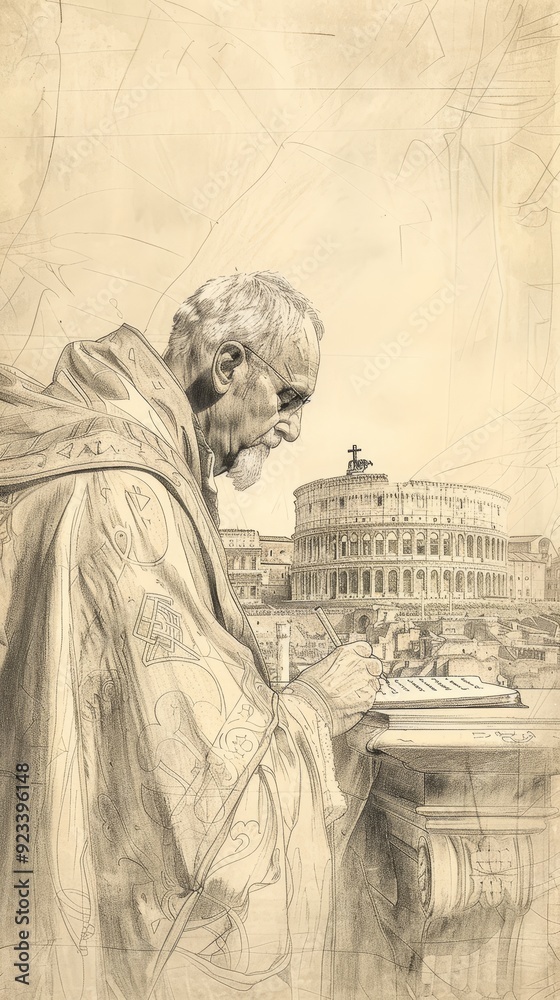 Fototapeta premium Illustration of Writing of St. Gregory the Great in Ancient Rome, Biblical Illustration, Beige Background, Copyspace