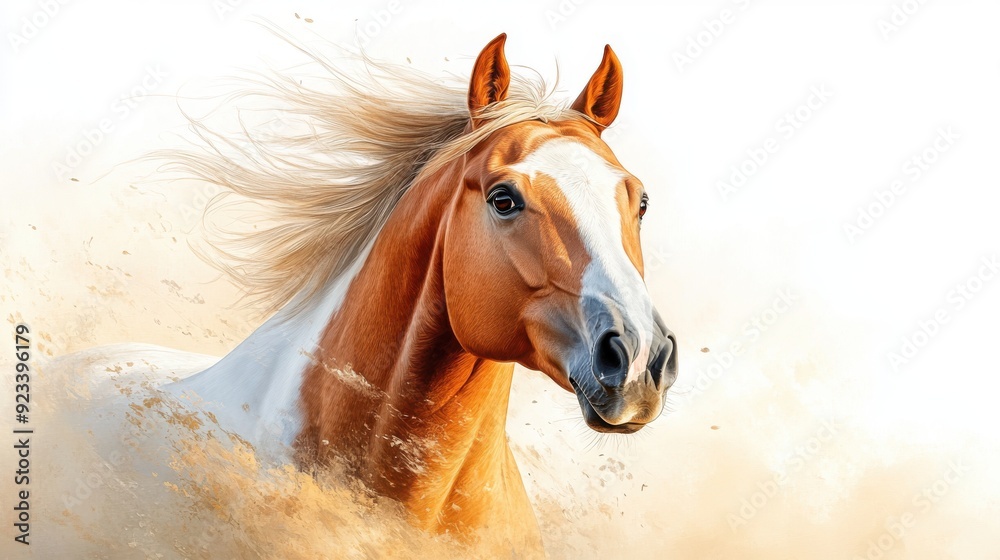 Fototapeta premium A powerful horse depicted with vibrant energy and grace, its mane flowing as it moves forcefully forward. This image exudes strength and motion perfect for animal and nature themes.