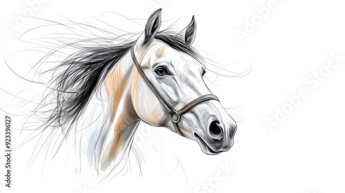This digital artwork features a white horse with a flowing black mane, portraying its majestic and elegant nature with fine details and artistic brush strokes. A beautiful representation.