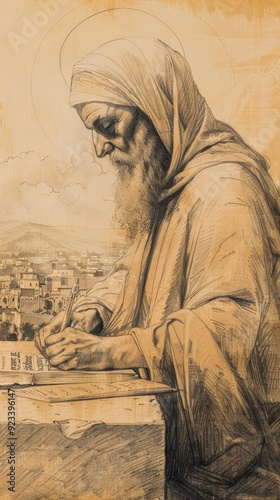 Illustration of Writing of St. Ephrem the Syrian in Ancient Nisibis, Biblical Illustration, Beige Background, Copyspace photo