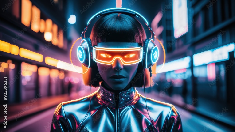 A woman wearing neon glasses and headphones standing in the middle of a city street, AI A woman wearing neon glasses and headphones standing in the middle of a city street, AI