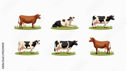 Cartoon Illustration of Dairy Cows on Green Pasture - Farm Animals Clipart