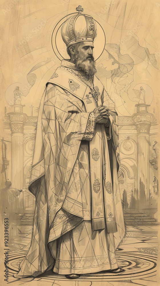 Fototapeta premium Illustration of Royal St. Casimir in 15th-Century Polish Court, Biblical Illustration, Beige Background, Copyspace