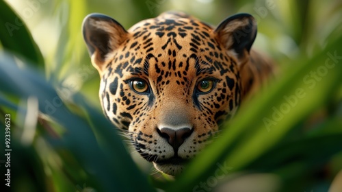 A leopard is seen looking observantly past the vibrant green foliage capturing the essence of the animal's alertness and its environment, fostering a connection between the viewer and wildlife. photo