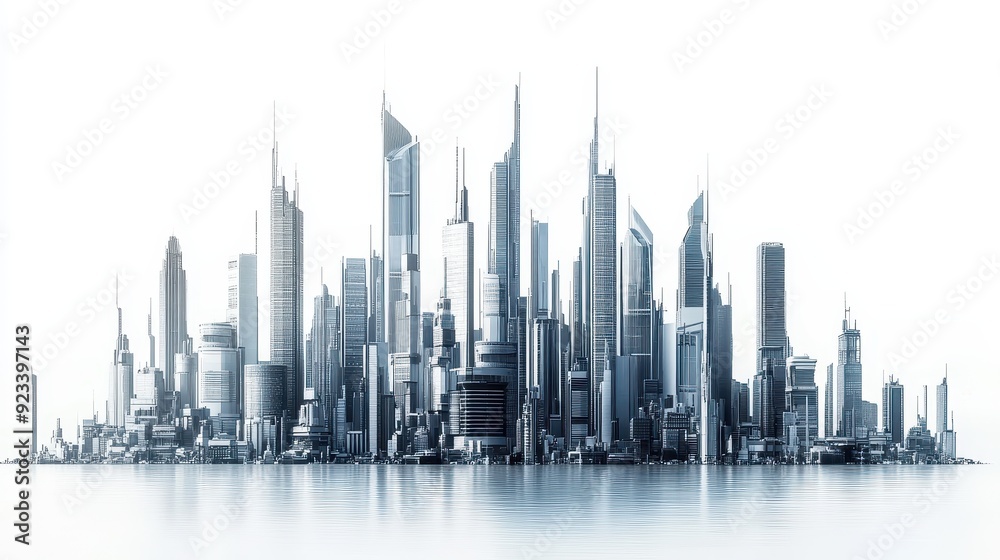 Obraz premium Futuristic cityscape showcasing towering skyscrapers reflecting in water under a bright sky