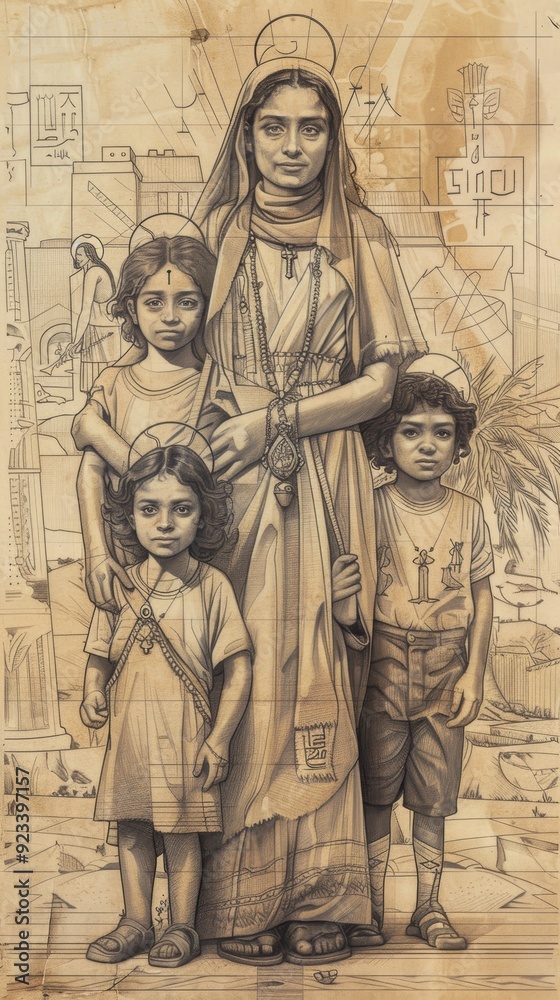 Fototapeta premium Illustration of Standing Strong with Children, St. Felicity in Ancient Carthage, Biblical Illustration, Beige Background, Copyspace