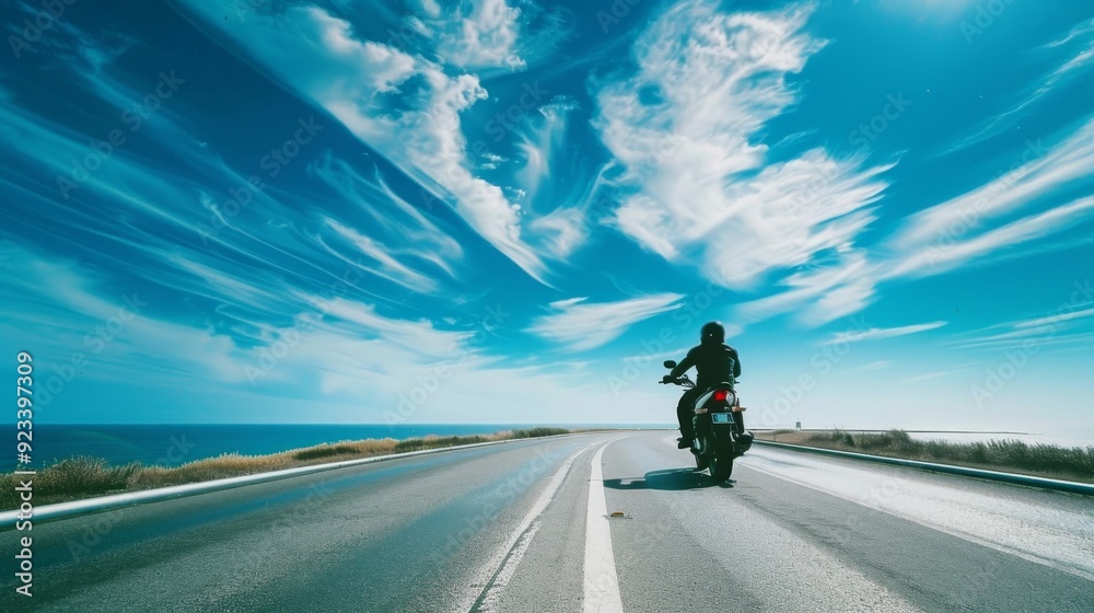 A lone biker enthusiast rides a motorcycle down an empty road, surrounded by a dramatic, expansive blue sky adorned with wispy, white clouds. A lone biker enthusiast rides a motorcycle down an empty road, surrounded by a dramatic, expansive blue sky adorned with wispy, white clouds.