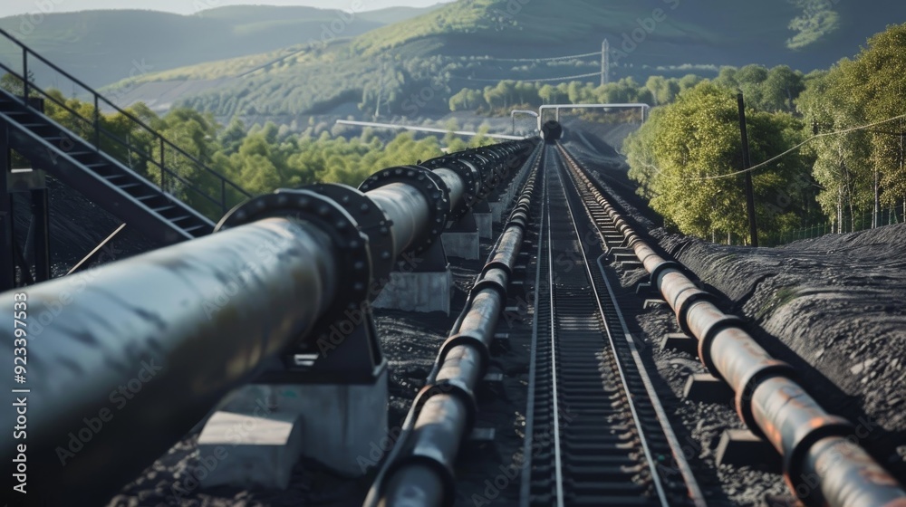 A long pipeline stretches across a scenic landscape with lush greenery and hills in the background, highlighting the juxtaposition of industrialization and nature. A long pipeline stretches across a scenic landscape with lush greenery and hills in the background, highlighting the juxtaposition of industrialization and nature.