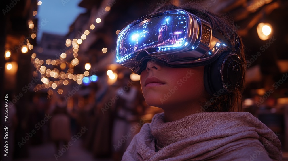A child immersed in virtual reality glasses, exploring a vibrant outdoor market filled with lights and festive decorations. A child immersed in virtual reality glasses, exploring a vibrant outdoor market filled with lights and festive decorations.