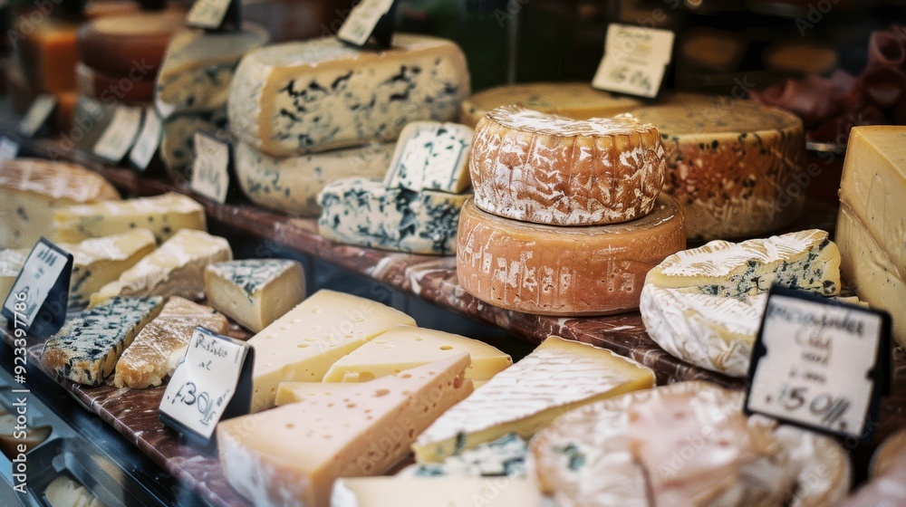 An array of artisanal cheeses, including blue and hard cheeses, are displayed for sale at a market. An array of artisanal cheeses, including blue and hard cheeses, are displayed for sale at a market.