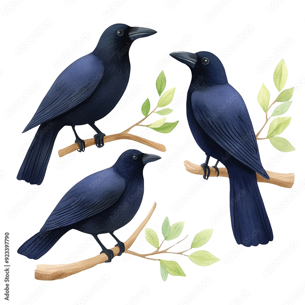 Obraz premium Three black ravens sitting on branches adorned with green leaves, illustrated in a spooky style. Perfect for Halloween or nature-themed designs.