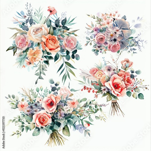 Watercolor bridal bouquets featuring flowers in delicate shades