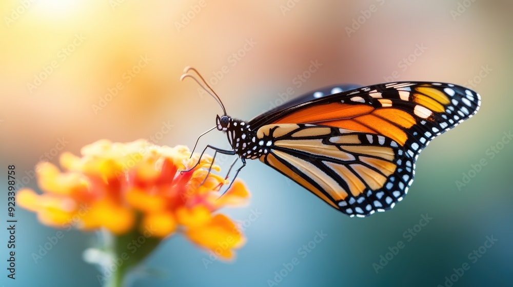 A vibrant butterfly with orange and black wings delicately perched on a bright orange flower, basking in the sunlight, symbolizing natural beauty and grace. A vibrant butterfly with orange and black wings delicately perched on a bright orange flower, basking in the sunlight, symbolizing natural beauty and grace.