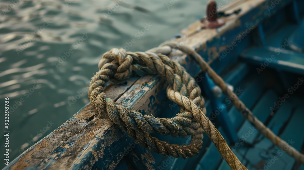 Fototapeta premium A neatly coiled rope on a weathered blue boat, set against a rippling water surface.