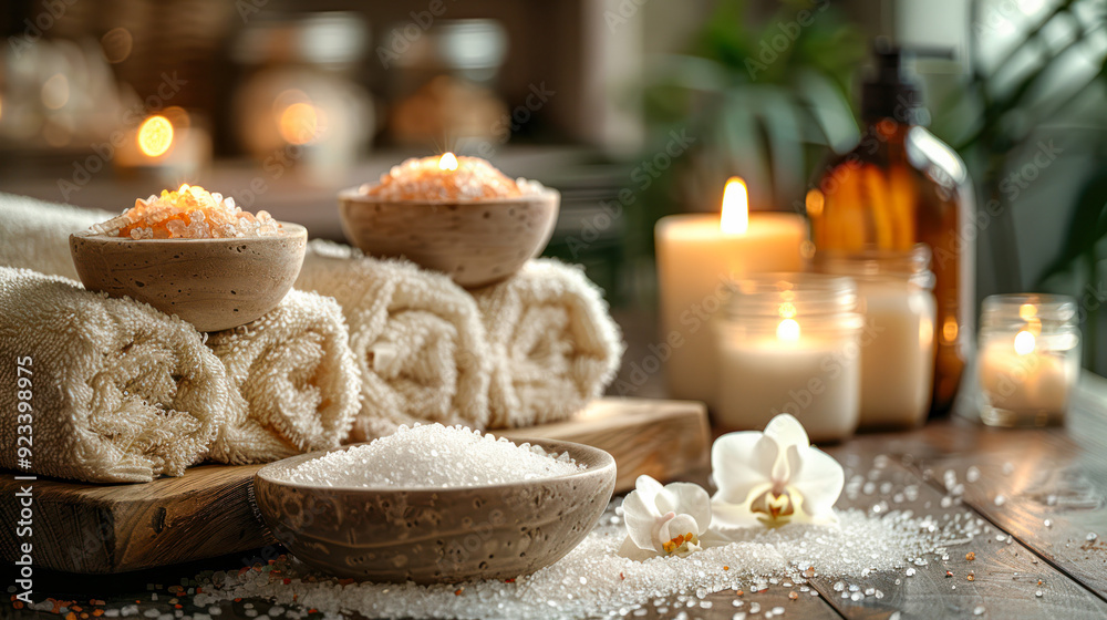 A spa setting with rolled towels, orchids and aromatic candles, creating a calming atmosphere. Beautiful spa composition with towels, candles and sea salt. Beauty spa treatment and relax concept. A spa setting with rolled towels, orchids and aromatic candles, creating a calming atmosphere. Beautiful spa composition with towels, candles and sea salt. Beauty spa treatment and relax concept.