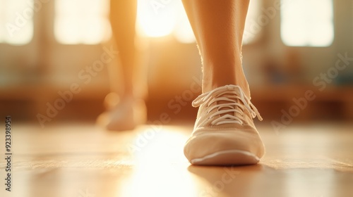 A close-up of feet in white ballet shoes, captured on a polished wooden floor in a softly lit setting, highlighting grace and precision in a serene atmosphere.