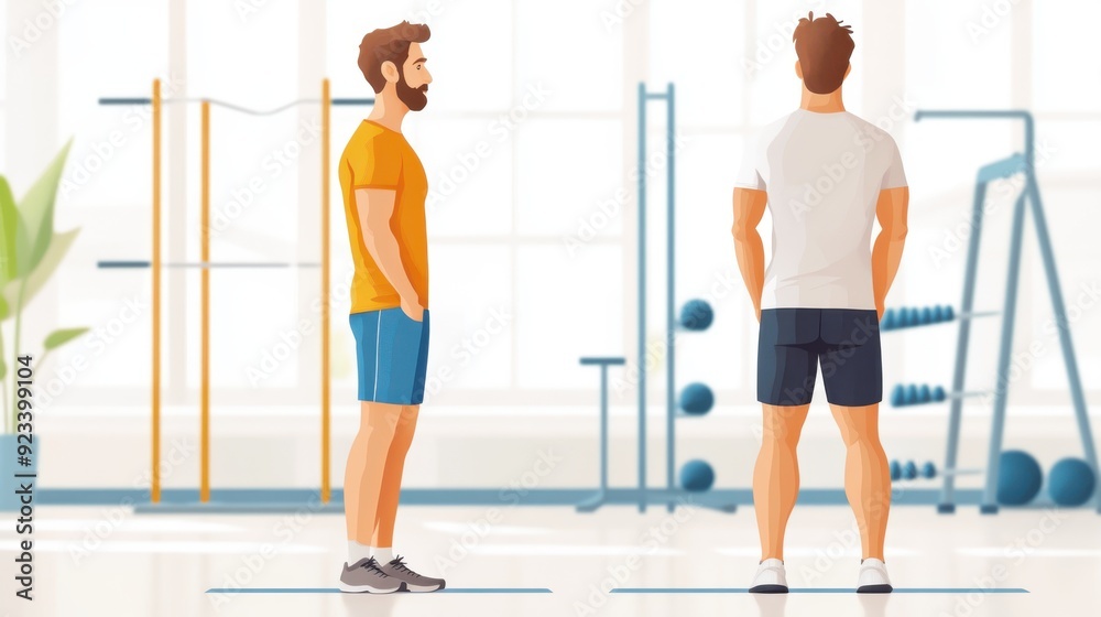 Naklejka premium In a bright and modern gym, two athletes are seen conversing, likely discussing their fitness routines or goals, surrounded by various gym equipment that enhances their exercise regime.