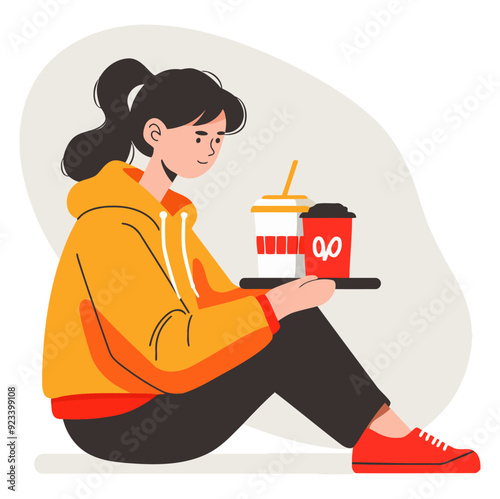 Girl Sitting with Fast Food in Hand, Casual Dining and Enjoyment - Flat Vector Illustration